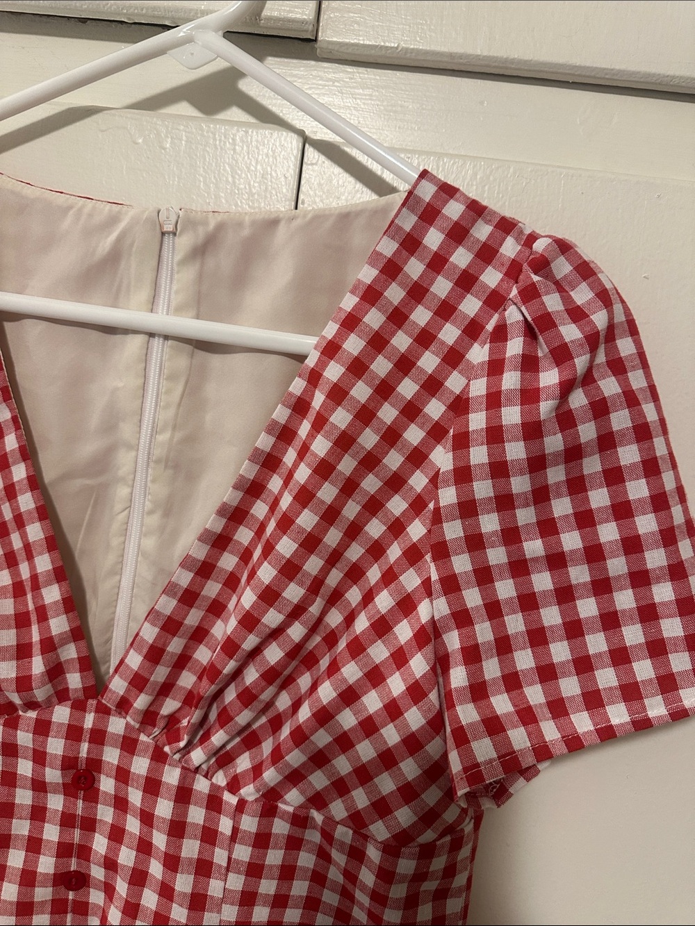 Red Gingham Mini Dress with Decorative Button Front - Picture 4 of 4